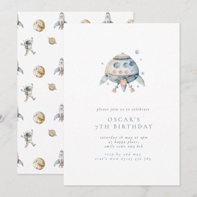 Minimalist Spaceship Boy's Birthday Party Invitation (Front/Back)