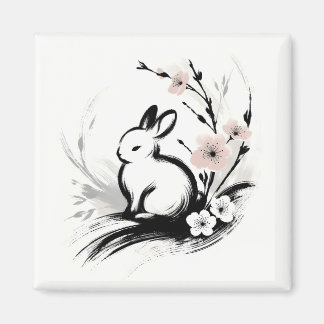 Minimalist Spring Zen Rabbit Cherry Blossoms Magnet
