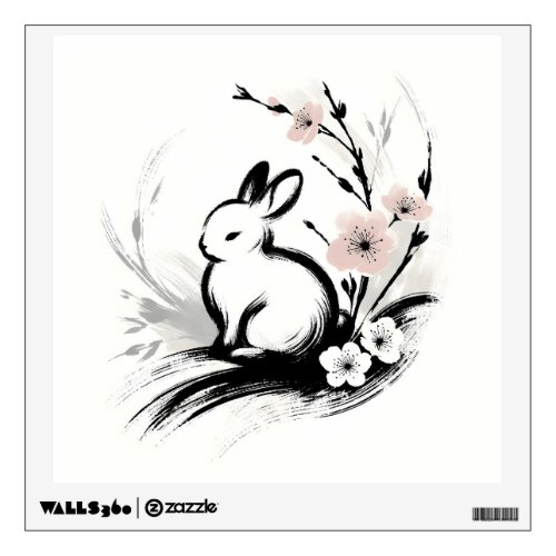Minimalist Spring Zen Rabbit Cherry Blossoms Wall Decal