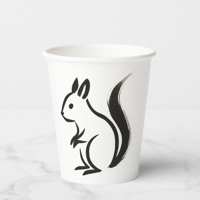 Minimalist Squirrel – Ink Brush Animal on Paper Cups (Front)