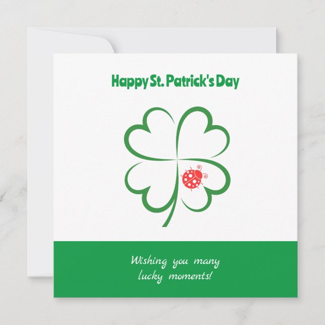 Minimalist St Patricks Day, 4 Leaf Clover, Ladybug Card (Front)