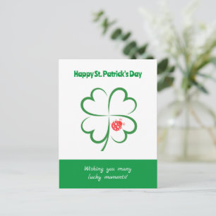 Minimalist St Patricks Day, 4 Leaf Clover, Ladybug Holiday Postcard