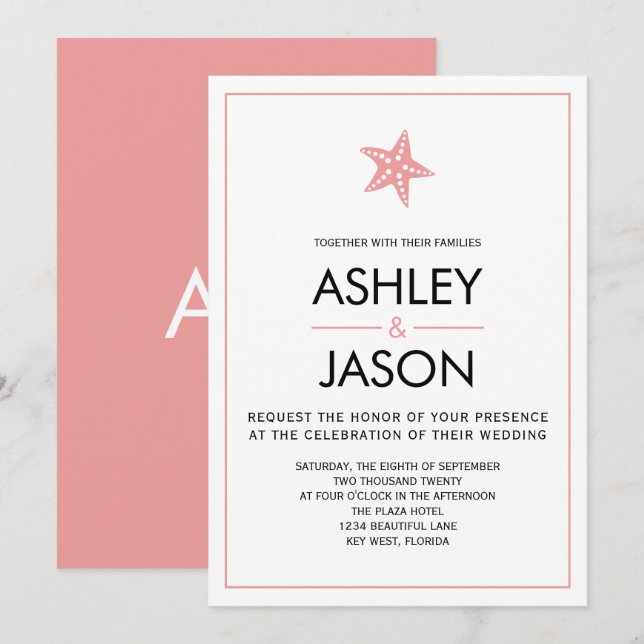 Minimalist Starfish Beach Wedding Invitation, Pink Invitation (Front/Back)
