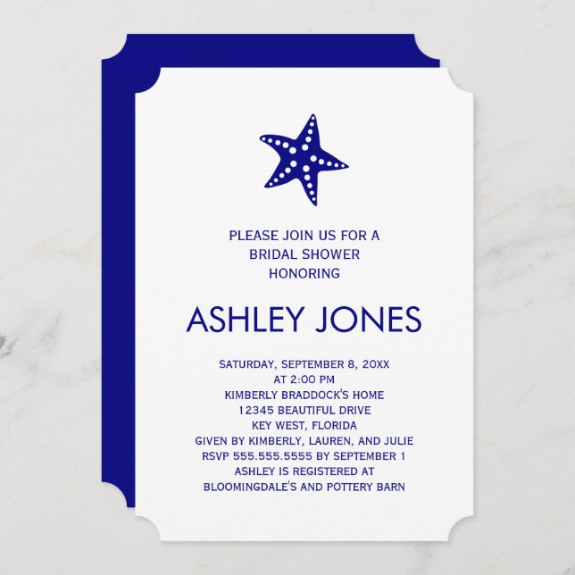 Minimalist Starfish Bridal Shower Invitation, Navy Invitation (Front/Back)