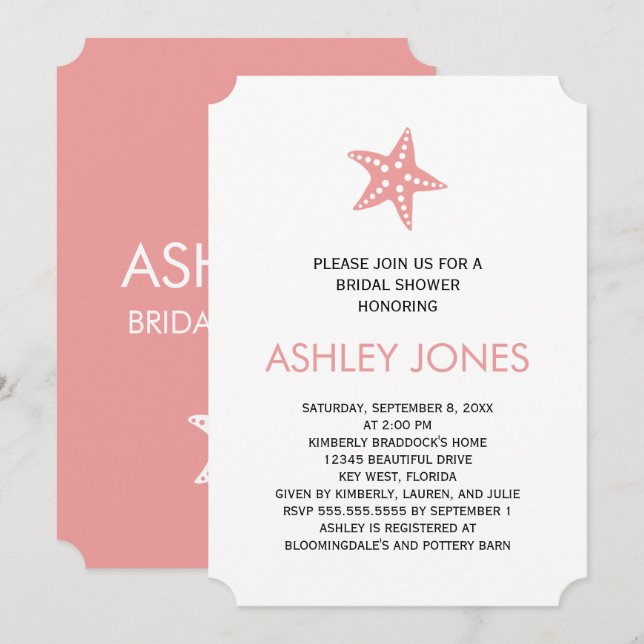 Minimalist Starfish Bridal Shower Invitation, Pink Invitation (Front/Back)