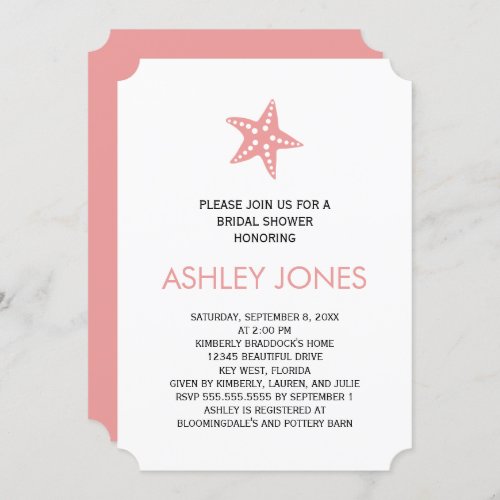 Minimalist Starfish Bridal Shower Invitation Pink Invitation