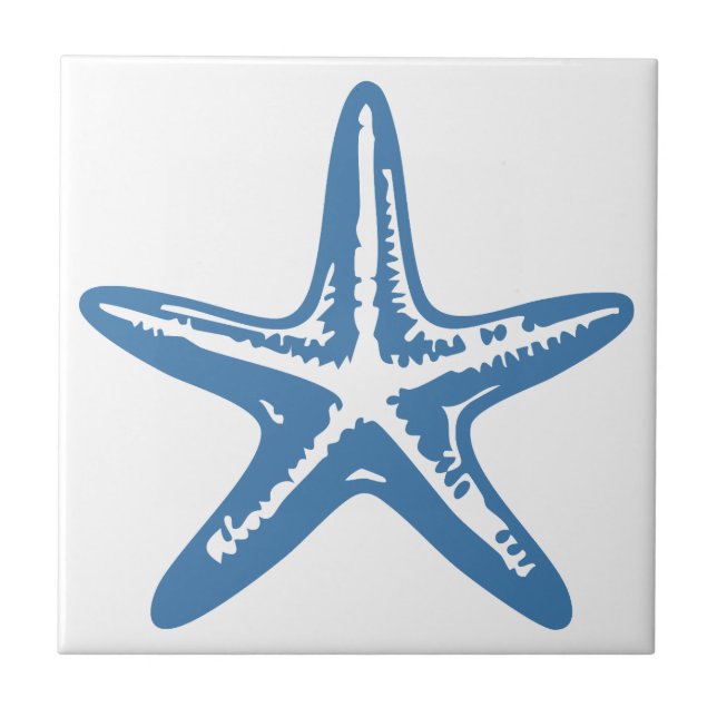 Minimalist Starfish Line Art Blue Outline Coastal Ceramic Tile (Front)
