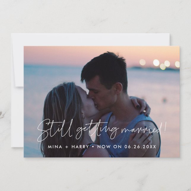 Minimalist Still getting married wedding update Announcement (Front)