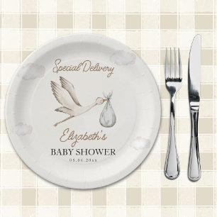Minimalist Stork-Themed Baby Shower Neutral Paper Plates