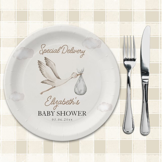 Minimalist Stork-Themed Baby Shower Neutral Paper Plates (Creator Uploaded)