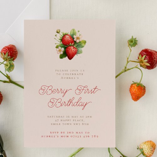 Minimalist Strawberries Berry First Birthday Party Invitation