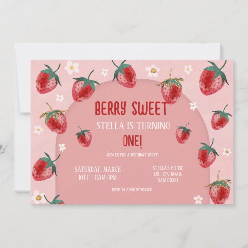 Minimalist Strawberry Berry First birthday Invitation