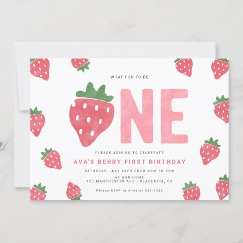 Minimalist Strawberry Berry First birthday Invitation