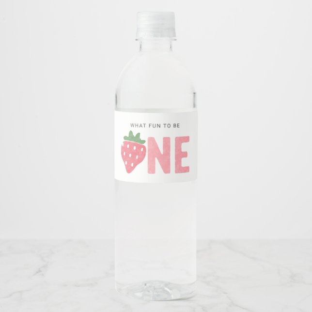 Minimalist Strawberry Berry First birthday Water Bottle Label (Front)