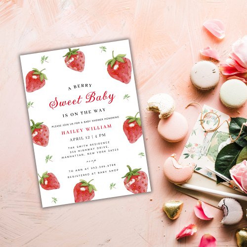 Minimalist Strawberry Berry Sweet Girl Baby Shower Invitation
