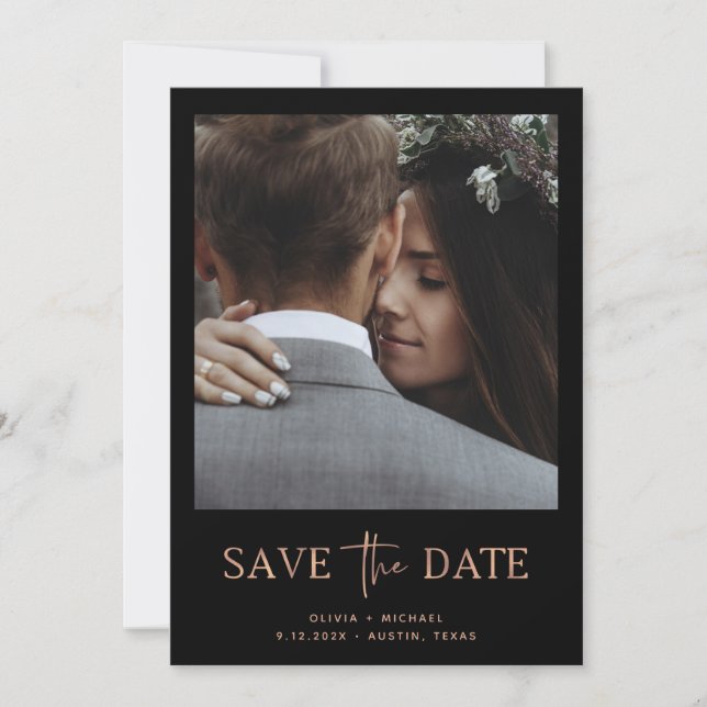 Minimalist Style Rose Gold and Black | One Photo Save The Date (Front)