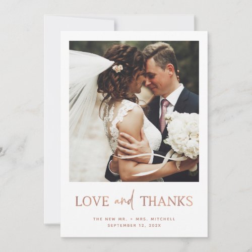 Minimalist Style Rose Gold  One Photo Wedding Thank You Card