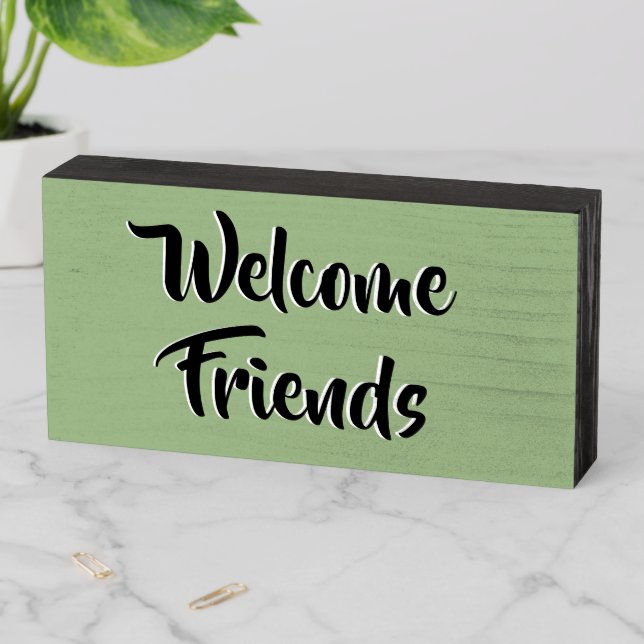 Minimalist Style Welcome Friends Sage and Black Wooden Box Sign (In Situ Horizontal)
