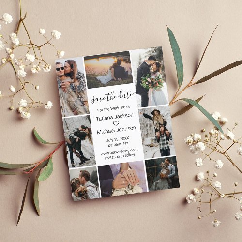 minimalist stylish 8 photos collage save the date  announcement postcard