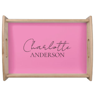 Minimalist Stylish Custom Monogram Name Pink Serving Tray