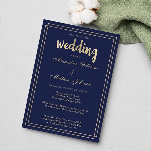 Minimalist Stylish Elegant Navy Blue Gold Wedding  Invitation