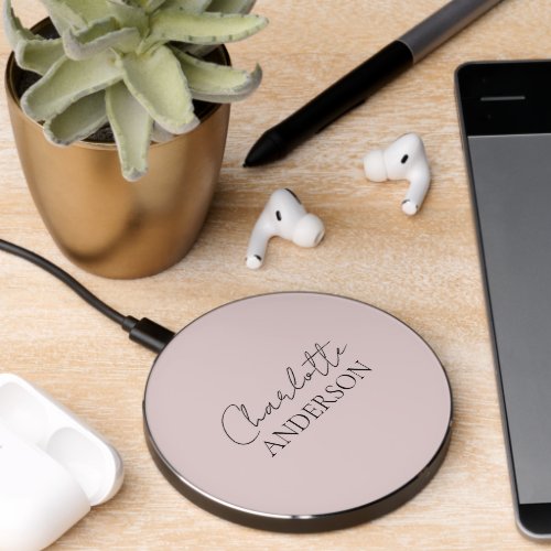 Minimalist Stylish Monogram  Name Blush Pink Wireless Charger