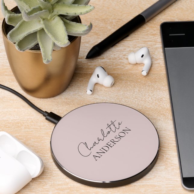 Minimalist Stylish Monogram  Name Blush Pink Wireless Charger (Desk 2)