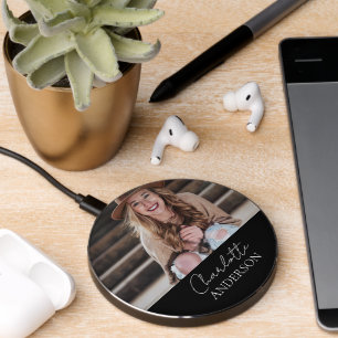 Minimalist Stylish Monogram Photo Name Black Wireless Charger