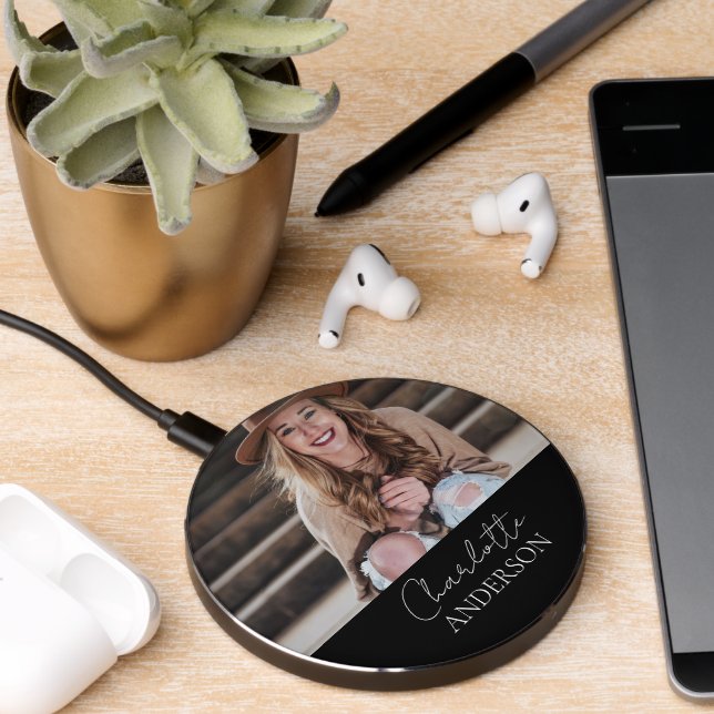 Minimalist Stylish Monogram Photo Name Black Wireless Charger (Desk 2)