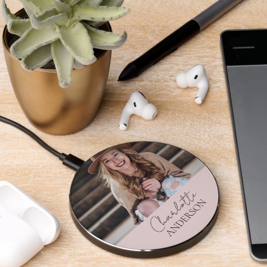 Minimalist Stylish Monogram Photo Name Blush Pink Wireless Charger (Desk 2)