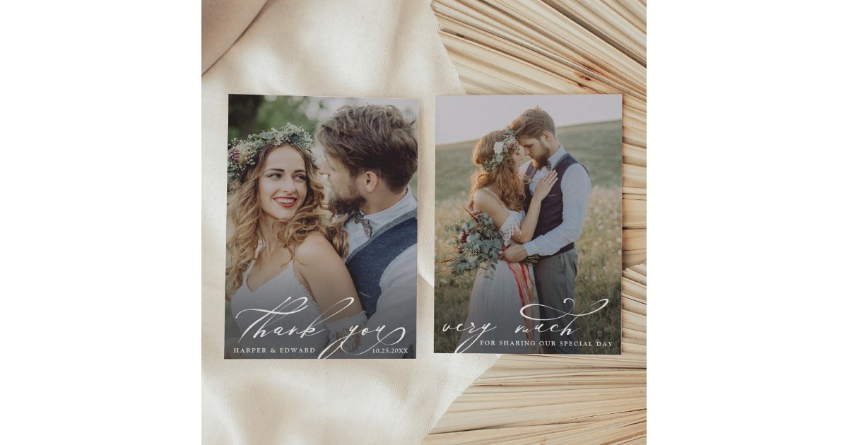 Minimalist Stylish Script 2 Photo Wedding Thank You Card | Zazzle