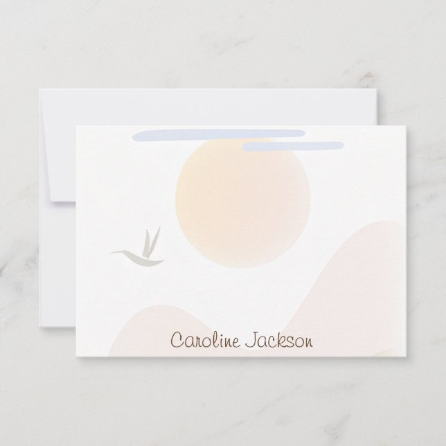 Minimalist sun, mountain and bird personalized note card (Front)