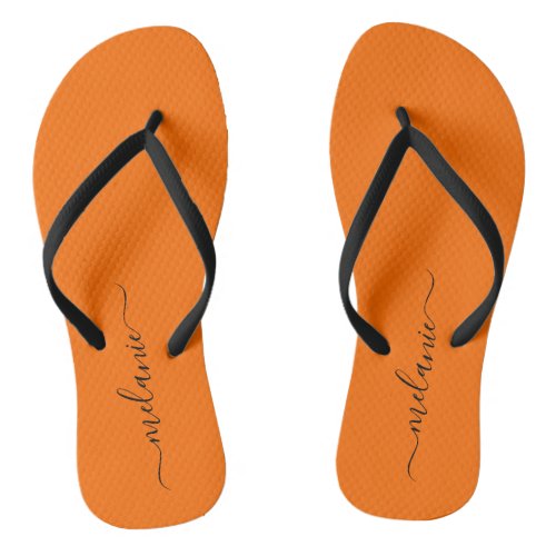 Minimalist Sunburst Orange Custom Script Name Flip Flops