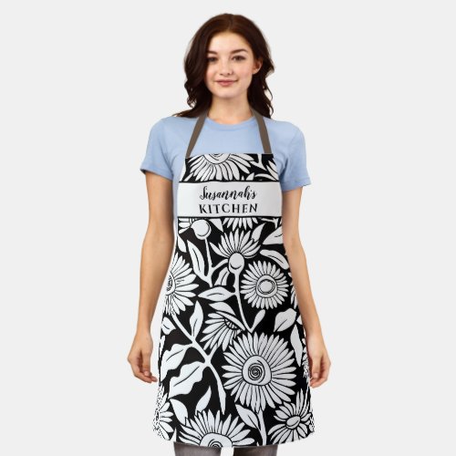 Minimalist Sunflower Black and White Womans Apron