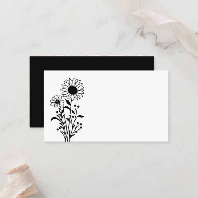 Minimalist Sunflower Black White Floral Wedding Place Card (Front/Back In Situ)