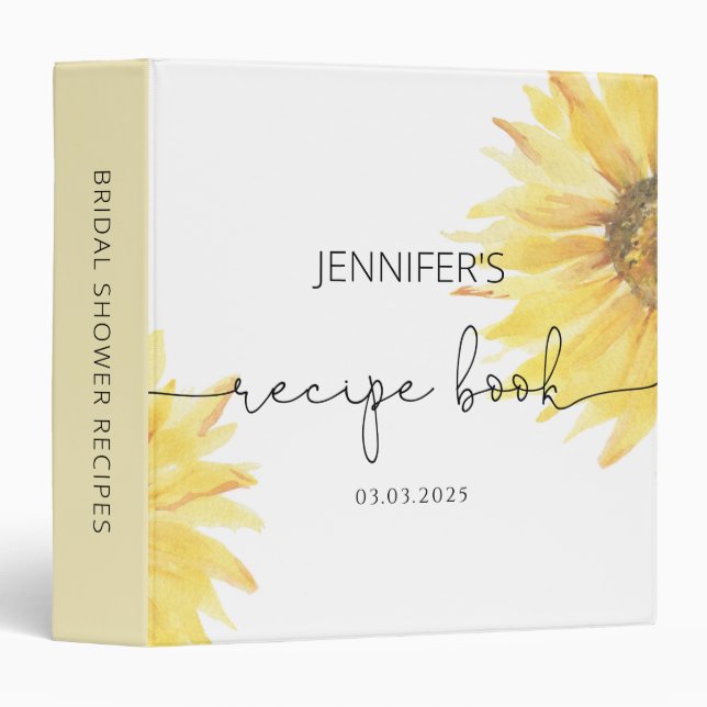 Minimalist sunflower Bridal Shower Recipe Book 3 Ring Binder (Front/Spine)