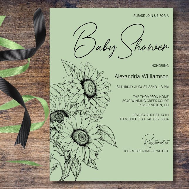 Minimalist Sunflower on Sage Green Baby Shower  Invitation (Creator Uploaded)