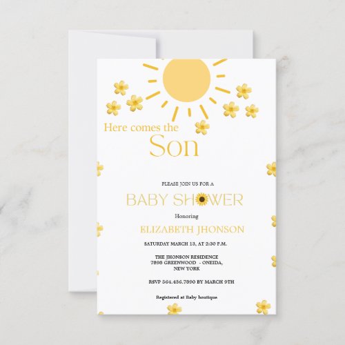 Minimalist sunflower  sunshine flower baby shower  invitation