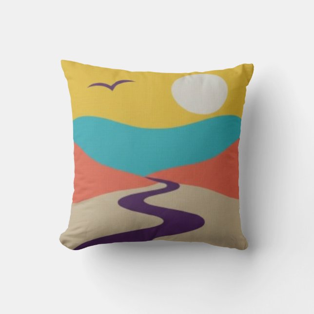 Minimalist Sunset Landscape with River and Bird Throw Pillow (Front)