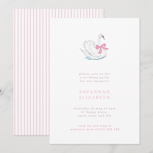 Minimalist Swan and Pink Bow Girls Birthday Party Invitation (Front/Back)