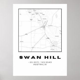 Minimalist Swan Hill Map with Coordinates |  Poster