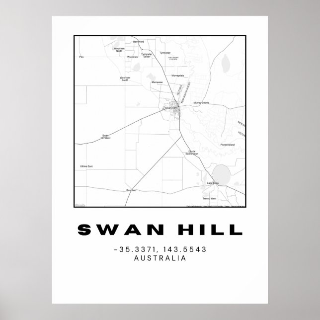 Minimalist Swan Hill Map with Coordinates |  Poster (Front)