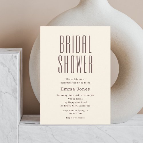 Minimalist Tall Sans Serif Beige Bridal Shower Invitation
