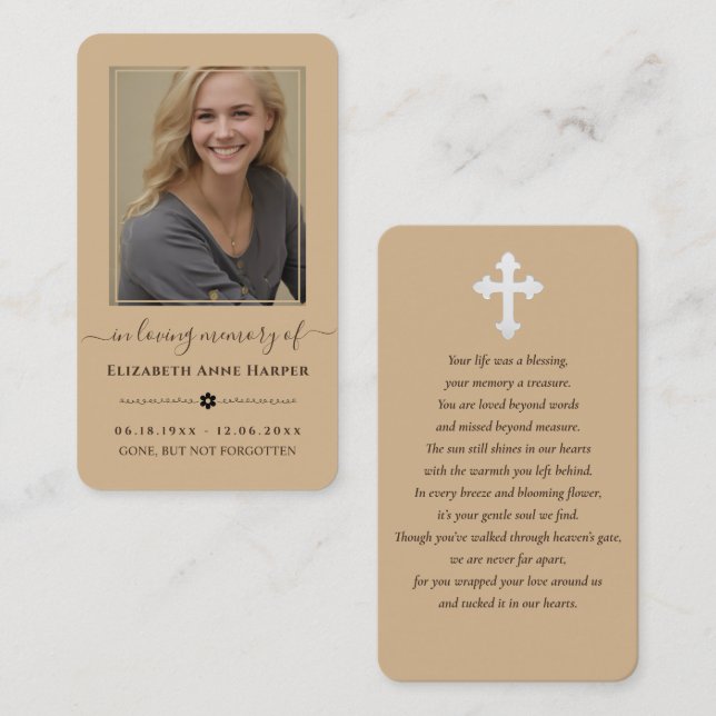 Minimalist Tan Cross In Loving Memory Photo Card (Front/Back)