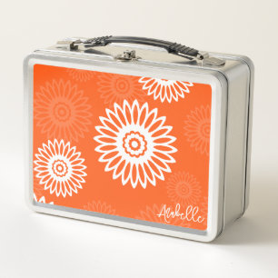 Minimalist tangerine orange daisy floral Name Metal Lunch Box