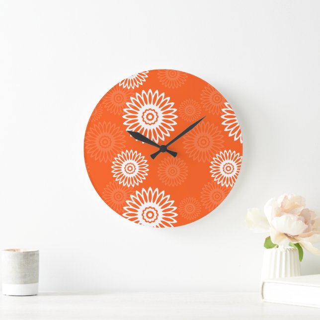 Minimalist tangerine orange daisy floral pattern large clock (Home)