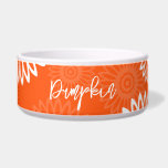 Minimalist tangerine orange daisy floral Pet Name Bowl<br><div class="desc">This vibrant and playful pet bowl features bold tangerine tones paired with quirky, minimalist daisy-like flowers in soft tan and white. The groovy retro-inspired design exudes charm and optimism, perfect for adding a cheerful touch to your pet's mealtime. With a customizable field for your pet's name, this bowl is both...</div>