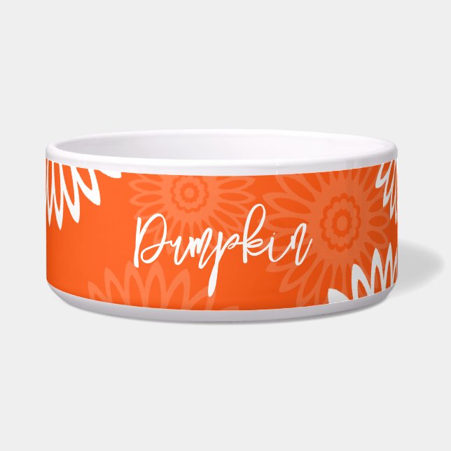 Minimalist tangerine orange daisy floral Pet Name Bowl (Front)
