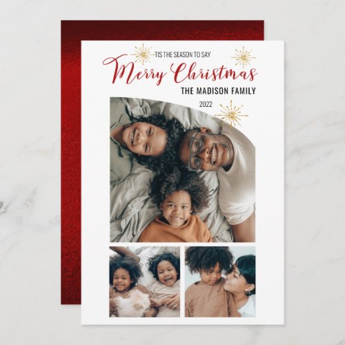 Minimalist Tapered Top 3 Photo Merry Christmas Holiday Card