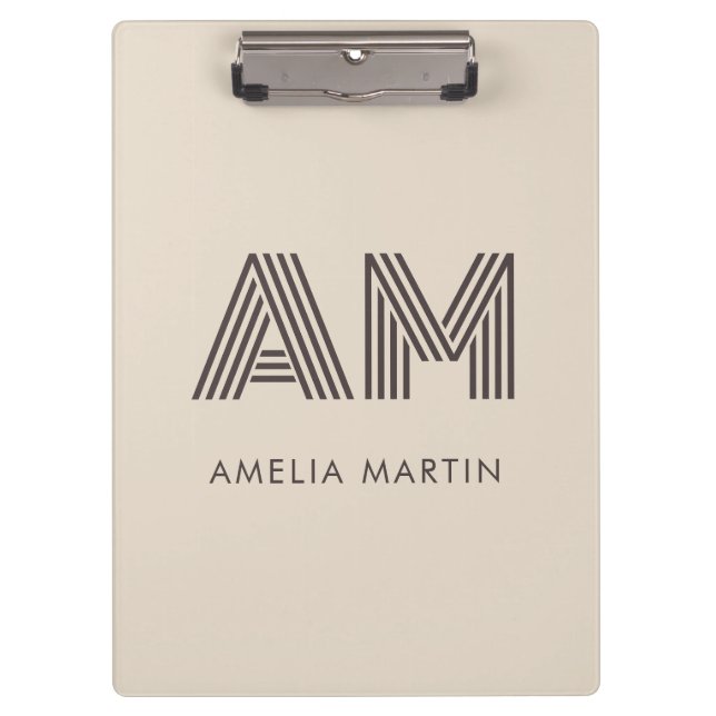 Minimalist Taupe Beige Geometric Custom Monogram Clipboard (Front)
